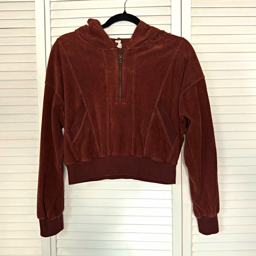 Daily Practice Anthropologie Velour Corduroy Cropped Half Zip Hoodie M Brown